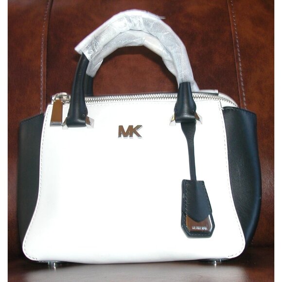 Michael Kors Selma Mini Satchel Black/White Leather Handbag - Picture 1 of 2